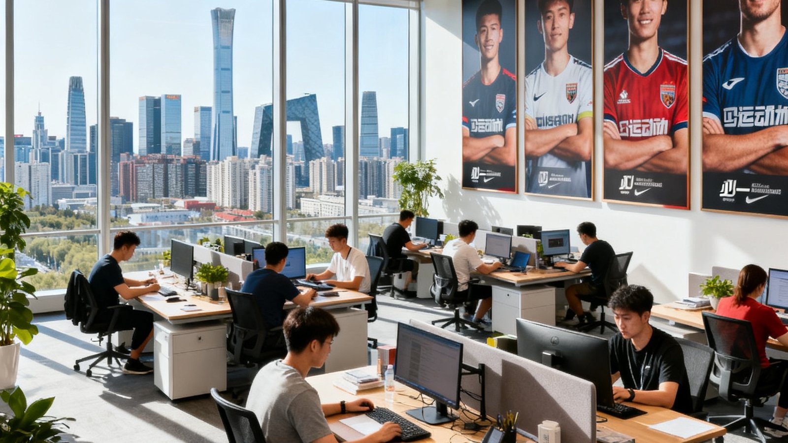 必一运动科技北京总部开放式办公区全景，数十名年轻员工在宽敞明亮的空间中协作工作，墙面挂满签约运动员的大型海报，落地窗外是北京CBD天际线，画面传递出专业与活力的企业氛围