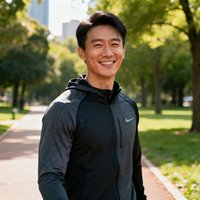 签约运动员张磊的生活照，穿着运动便装在户外自然光下微笑，背景是城市公园的绿树和步道