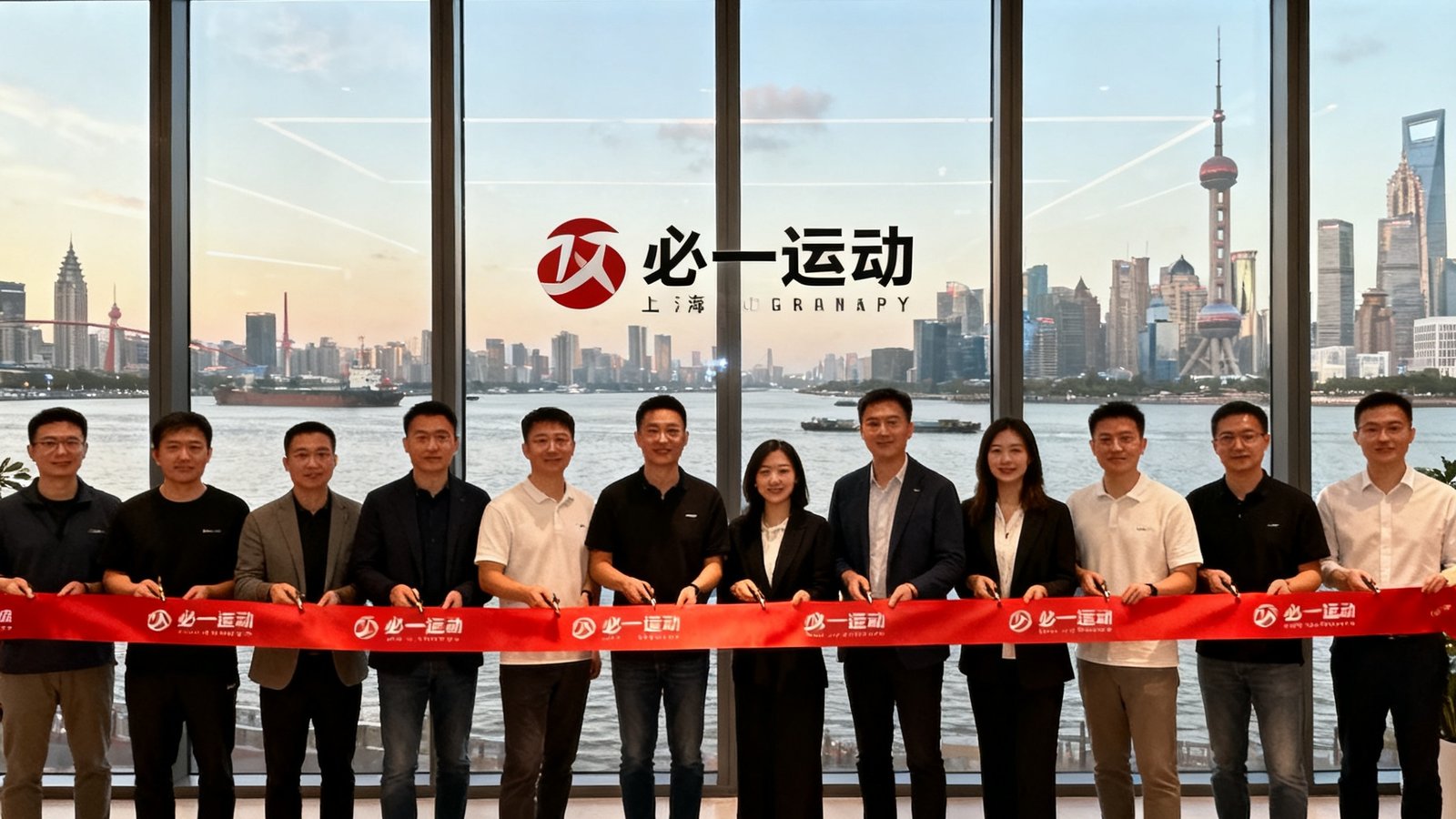 必一运动上海办公室开业剪彩仪式，核心团队在黄浦江畔的新办公空间前合影，室内设计现代简约，大面积玻璃窗映出江景