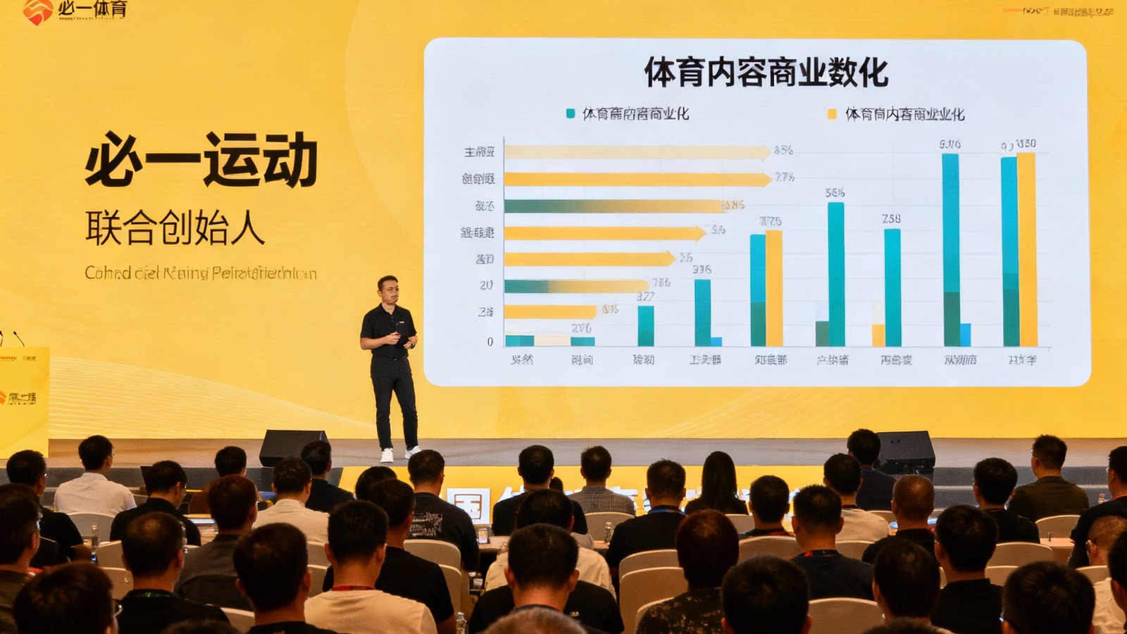 2024中国体育营销峰会的舞台现场，必一运动联合创始人在进行主题演讲，大屏幕上展示着体育内容商业化数据图表，台下数百名行业人士专注聆听